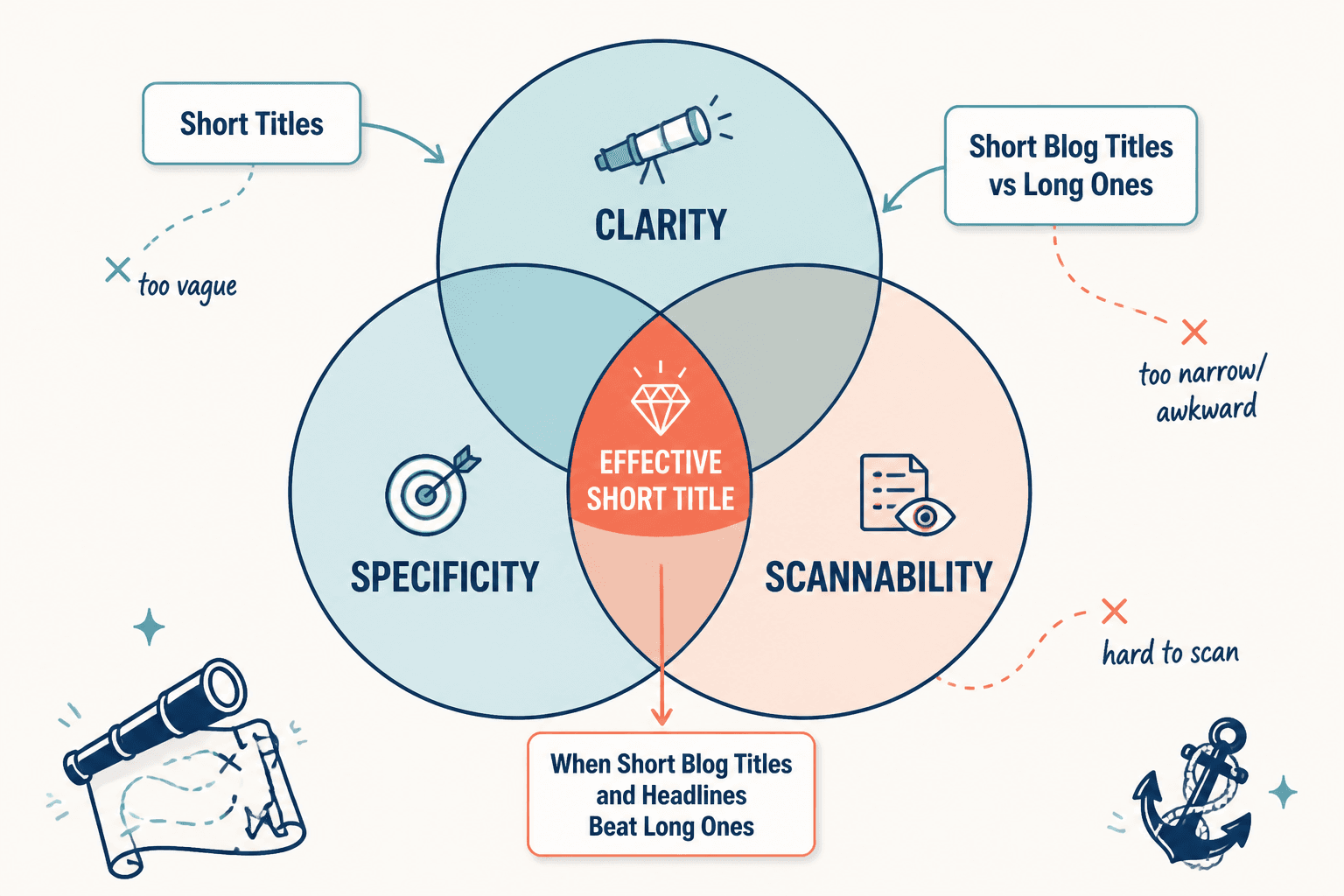 Venn diagram showing effective short titles at the overlap of clarity, specificity, and scannability.