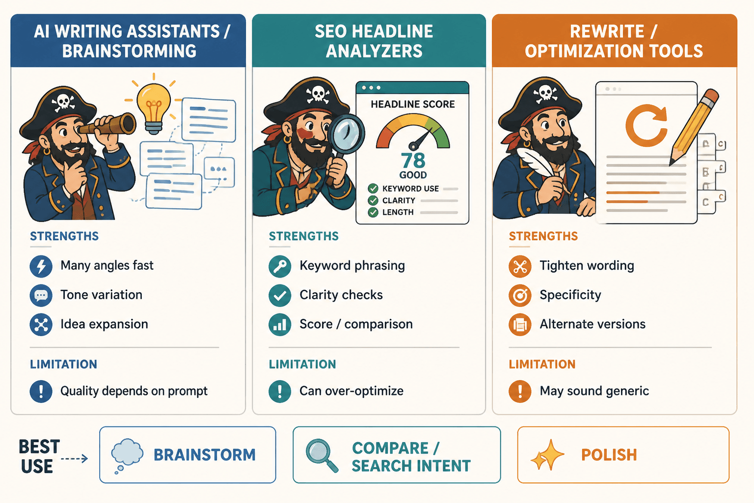 Comparison of AI headline tool categories for brainstorming, SEO scoring, and rewrites