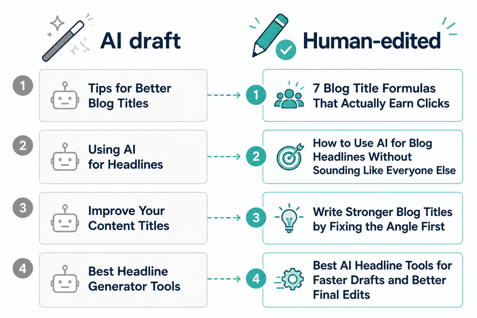 Before-and-after headline examples improved by human editing