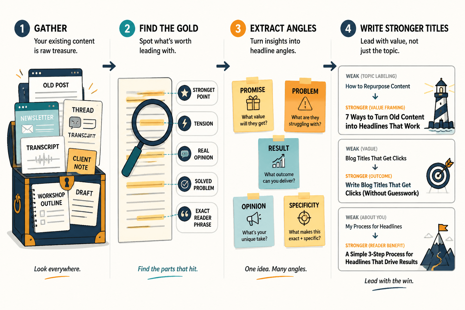 Workflow turning old content into stronger headline angles