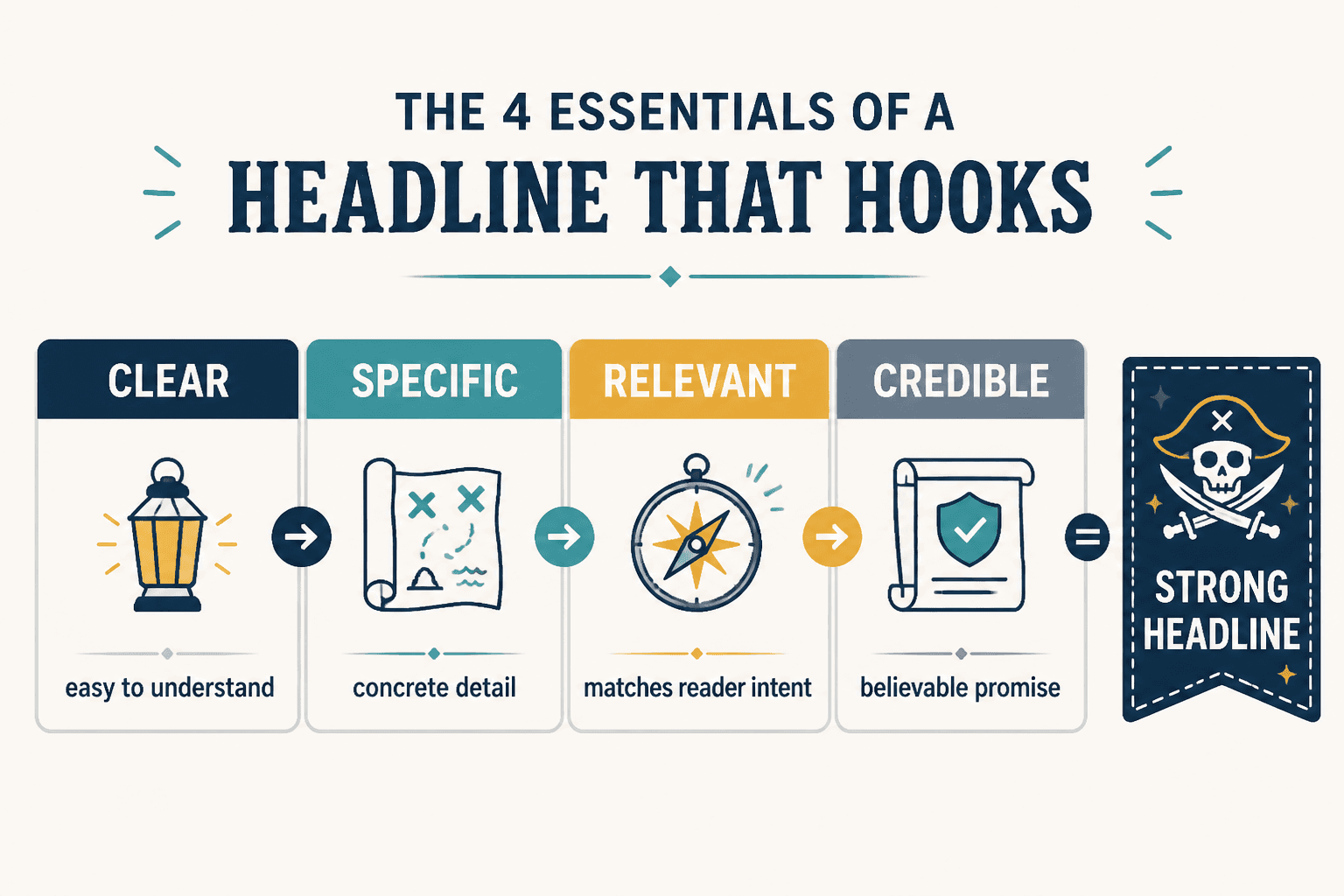 Simple chart showing four headline qualities: clear, specific, relevant, and credible.
