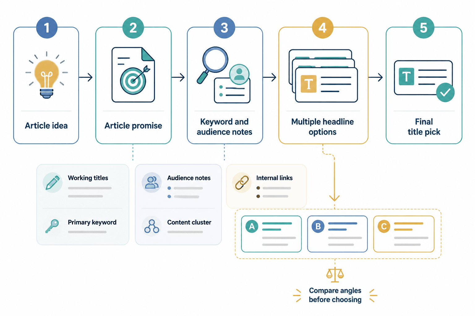 Flowchart from article idea to headline options and final title selection