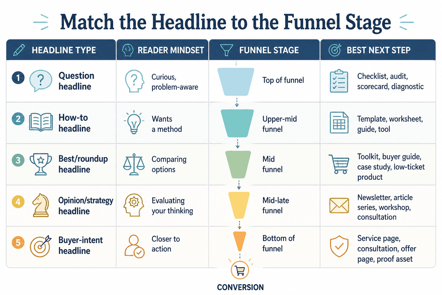 Table diagram mapping headline types to funnel stages and recommended next-step offers