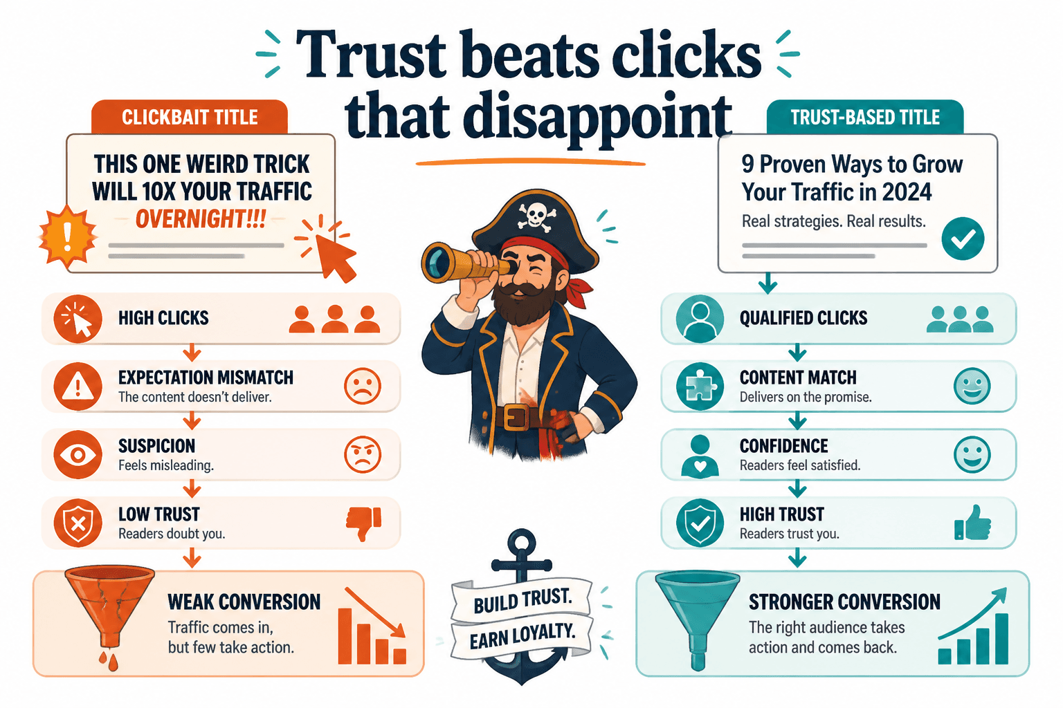 Diagram comparing clickbait and trust-based headline paths to conversion
