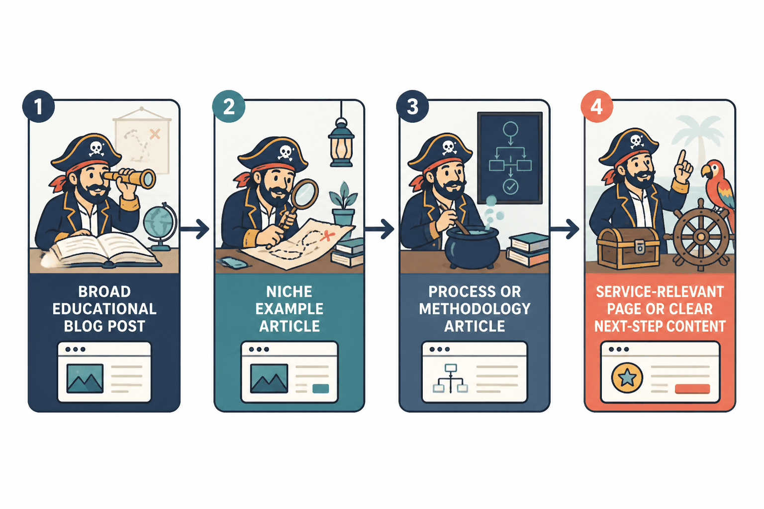 Flow diagram from a broad blog post to niche examples, methodology articles, and service pages.