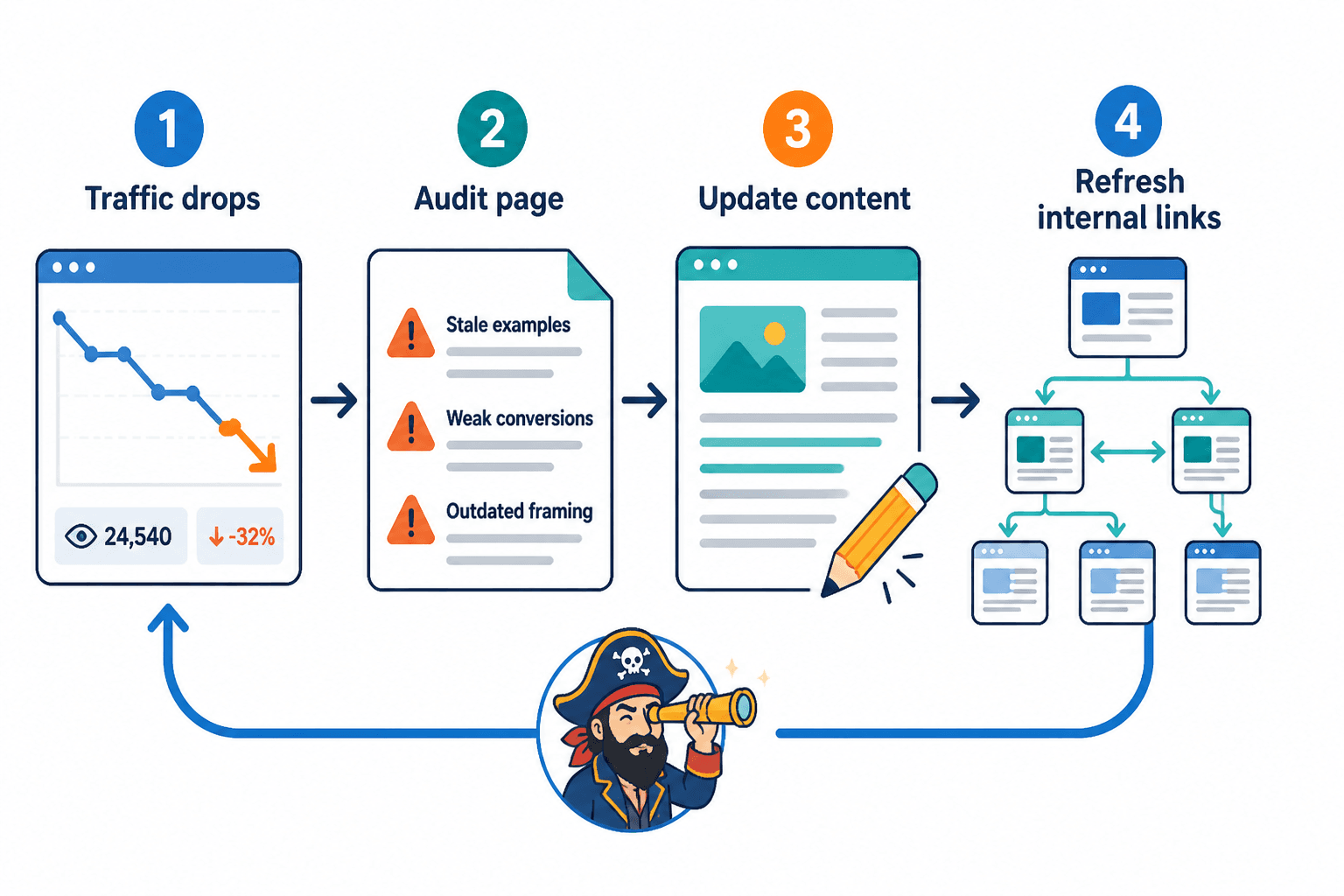 Workflow from traffic drop to content update and refreshed internal links