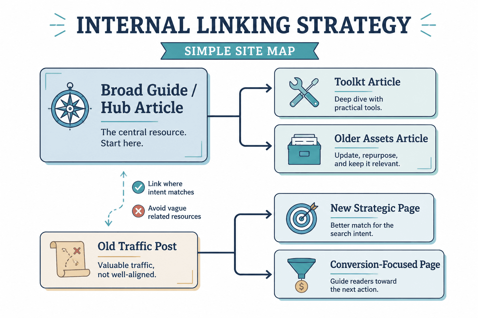 Simple site map linking a broad guide to two supporting articles and an older post to newer strategic pages