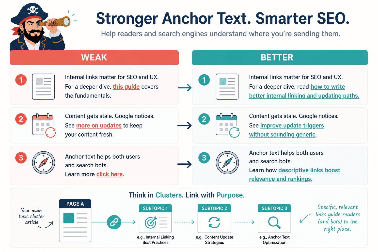 Before-and-after examples of vague versus descriptive internal link anchor text