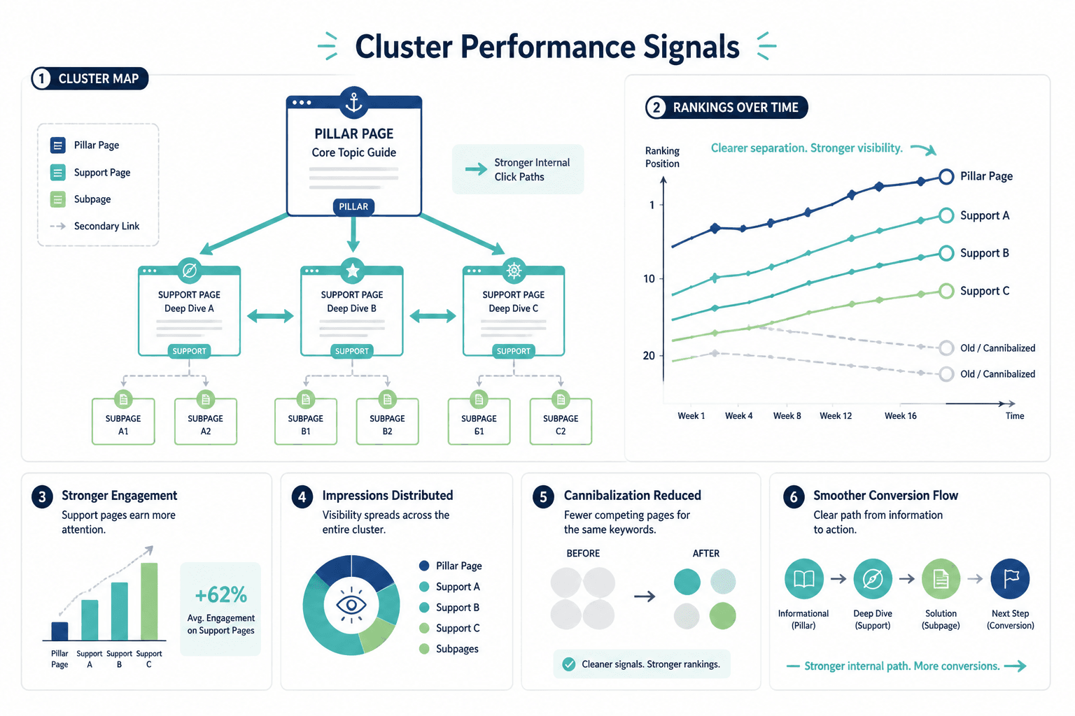 Concept dashboard showing a pillar page, support pages, stronger internal paths, and clearer performance separation over time.