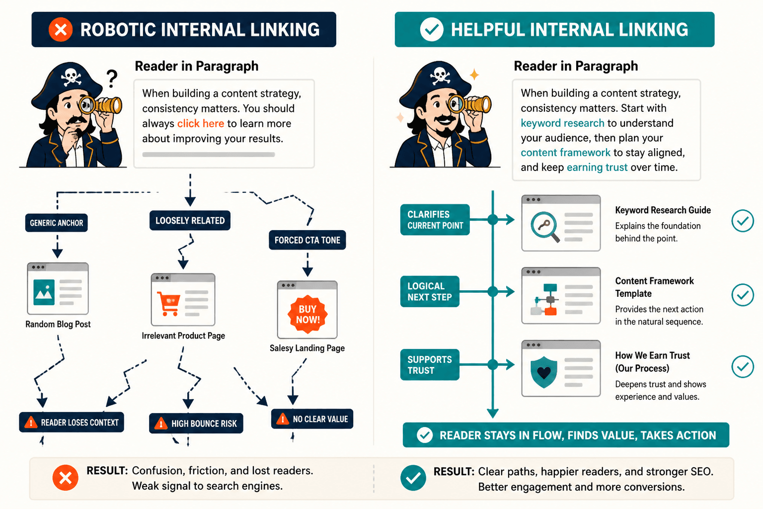 Diagram comparing robotic versus helpful internal linking flow