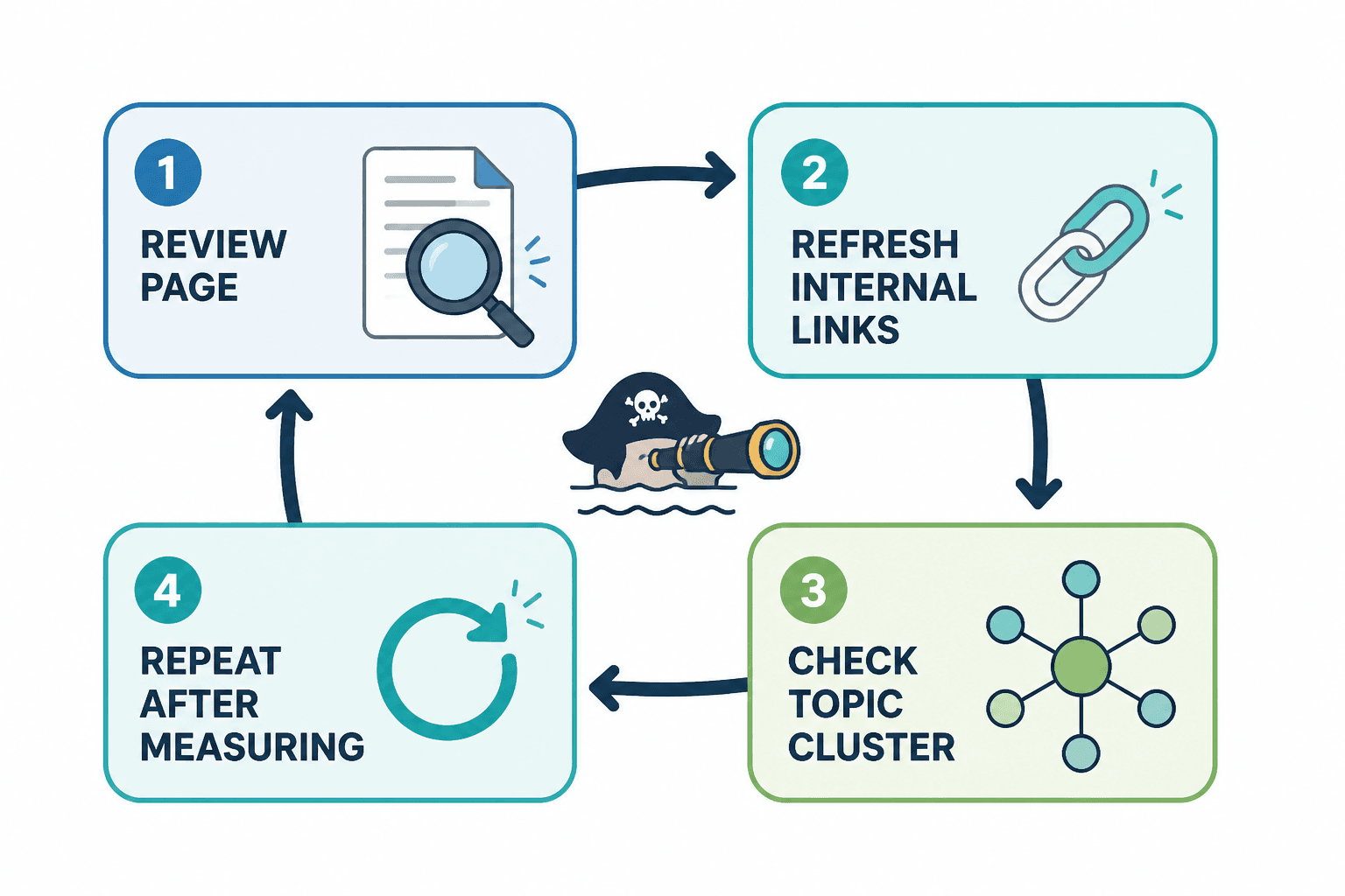 Looped workflow for short content updates: review, refresh links, check cluster, repeat.