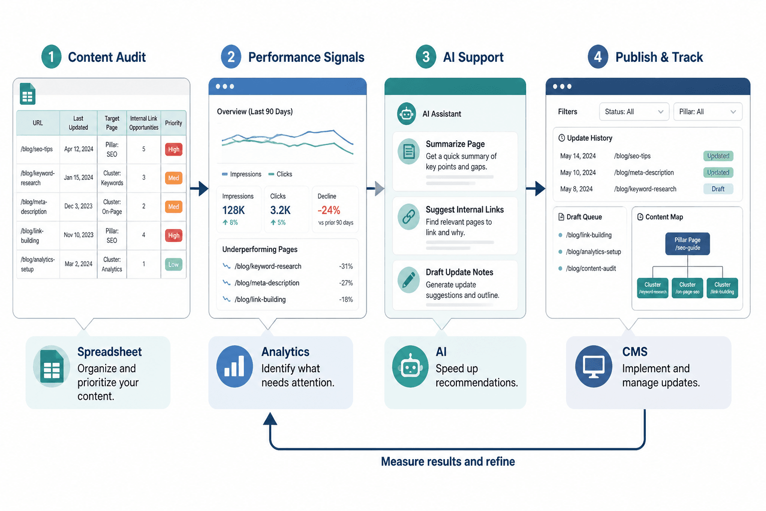 Workflow diagram showing spreadsheet, analytics, AI, and CMS roles in content updates