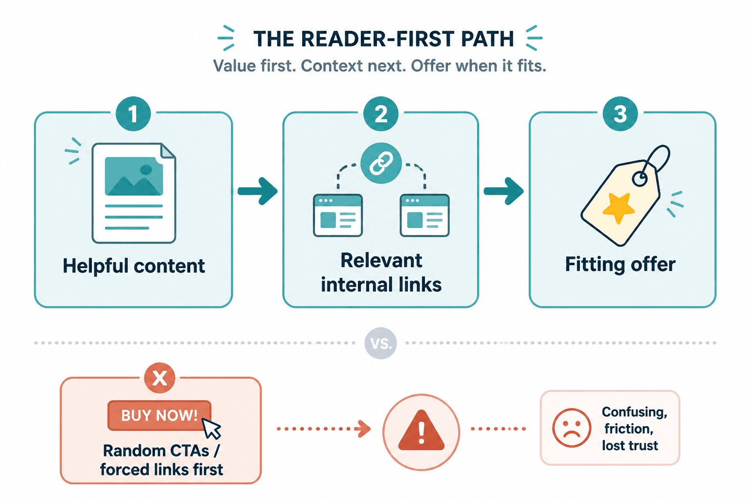 Flow from helpful content to relevant internal links to fitting offers