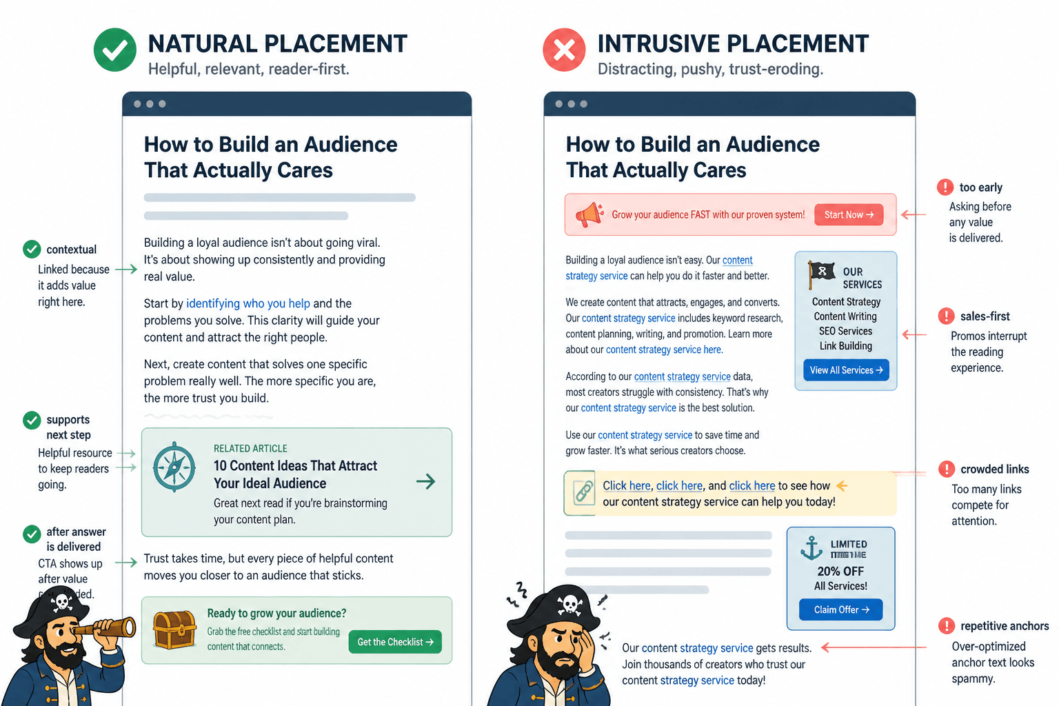 Mock article showing natural versus intrusive internal link placement