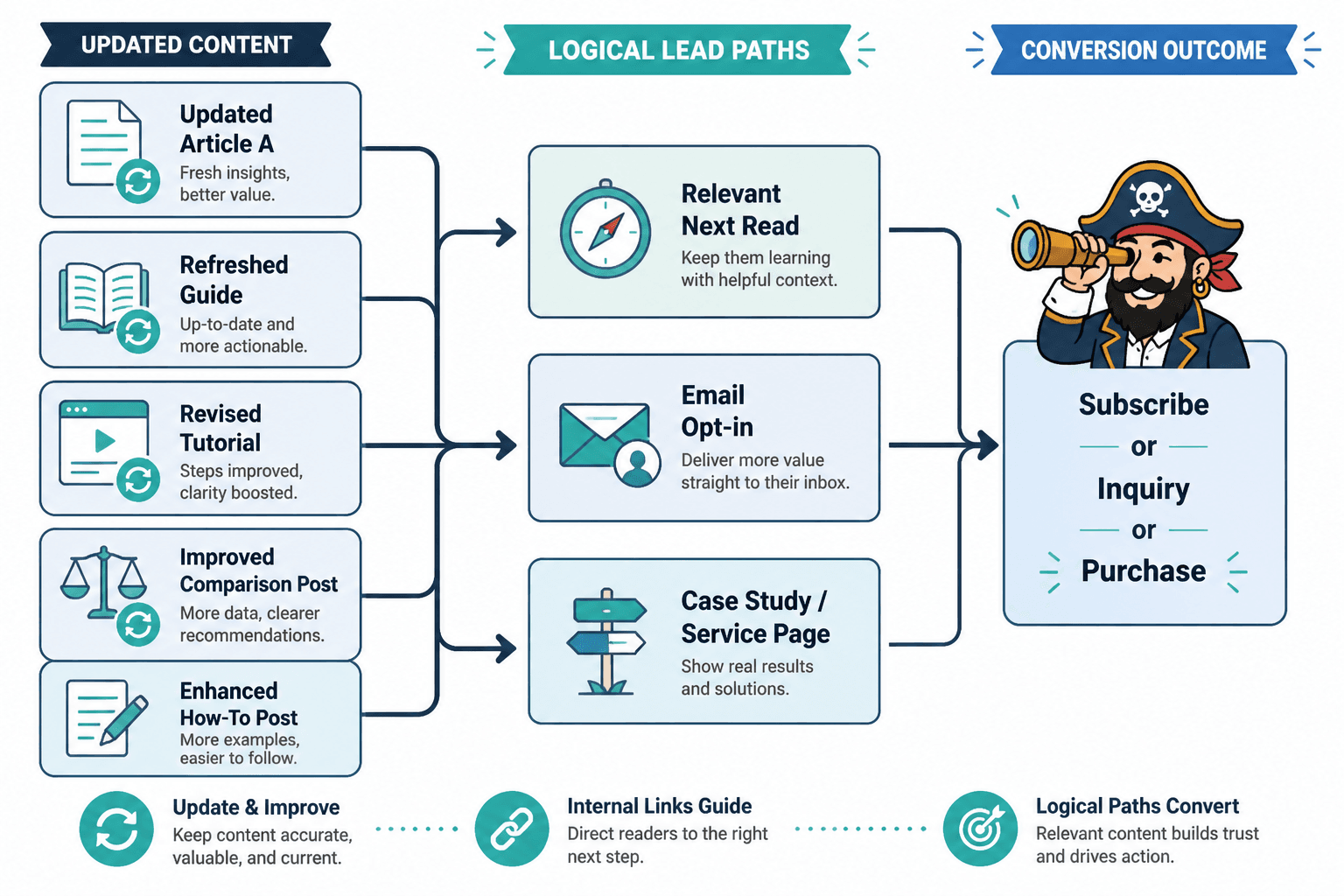Diagram of updated articles feeding readers into lead paths