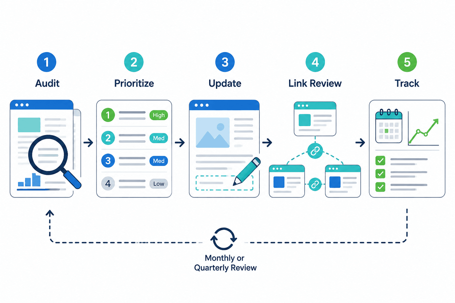 Editorial workflow from audit to update, internal links, review, and tracking