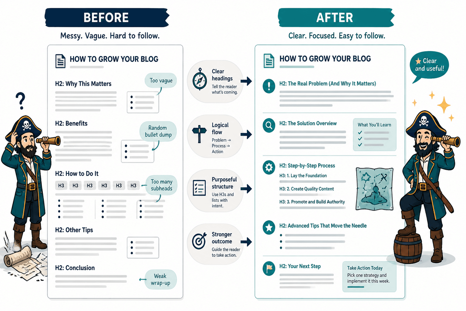 Before-and-after article outline showing a messy draft reorganized into clear H2 and H3 sections