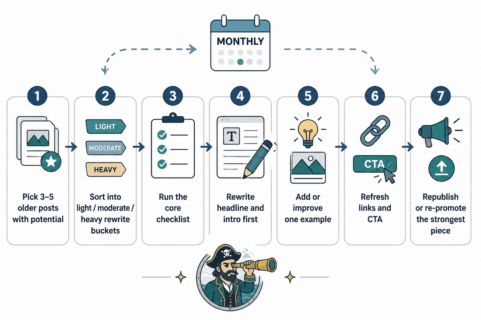 Monthly blog rewrite workflow from post selection to republishing