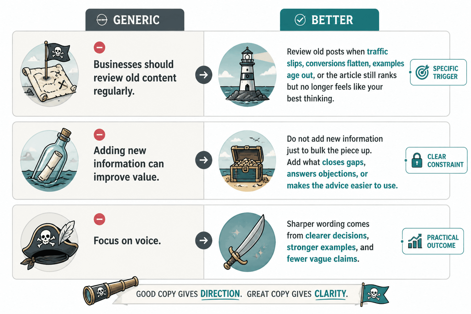 Before-and-after examples of vague sentences rewritten to be specific and useful