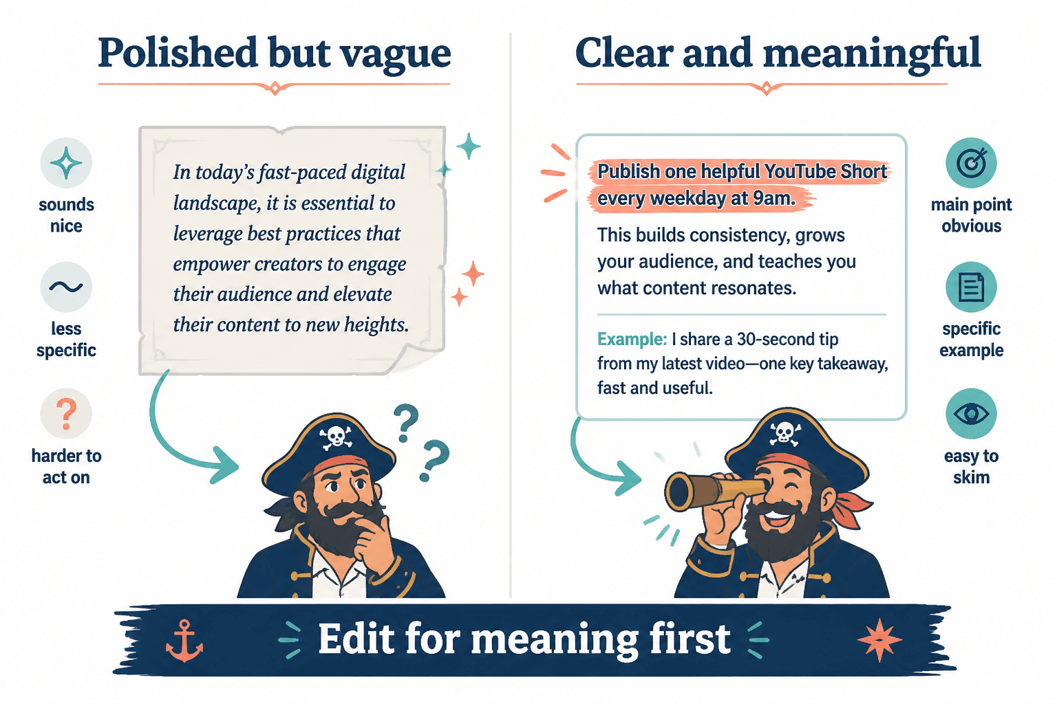 Side-by-side comparison of polished wording versus clear wording
