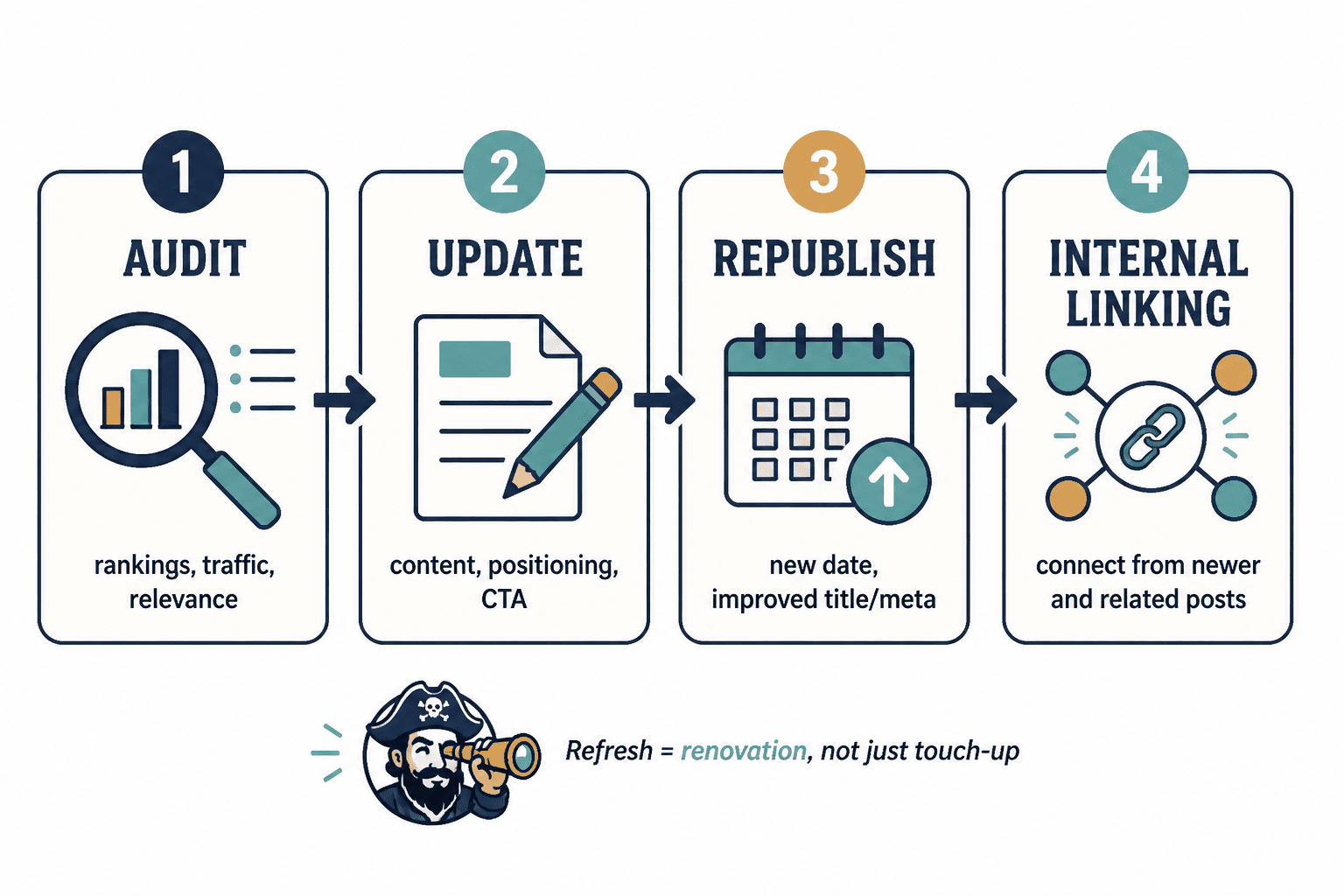 Four-step content refresh flow: audit, update, republish, and add internal links.