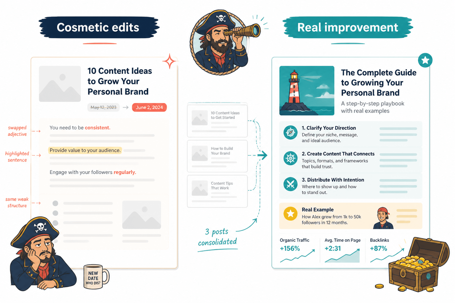 Side-by-side comparison of superficial blog edits versus a substantive content refresh.