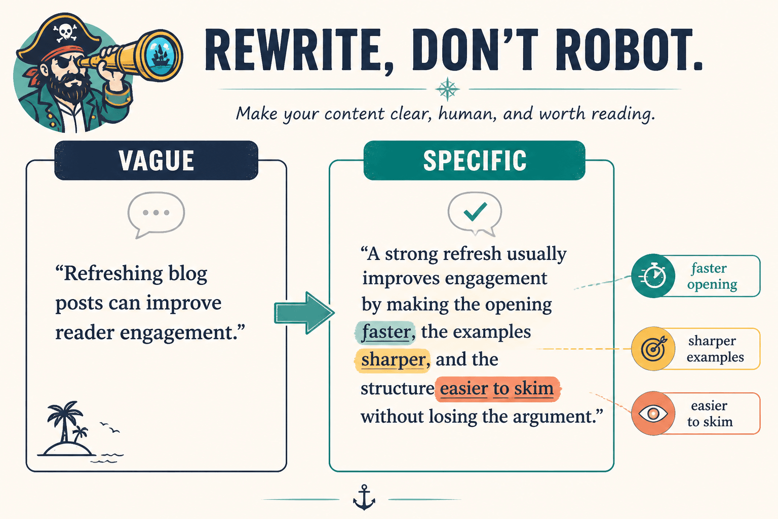 Before-and-after example showing a vague sentence rewritten into a more specific one