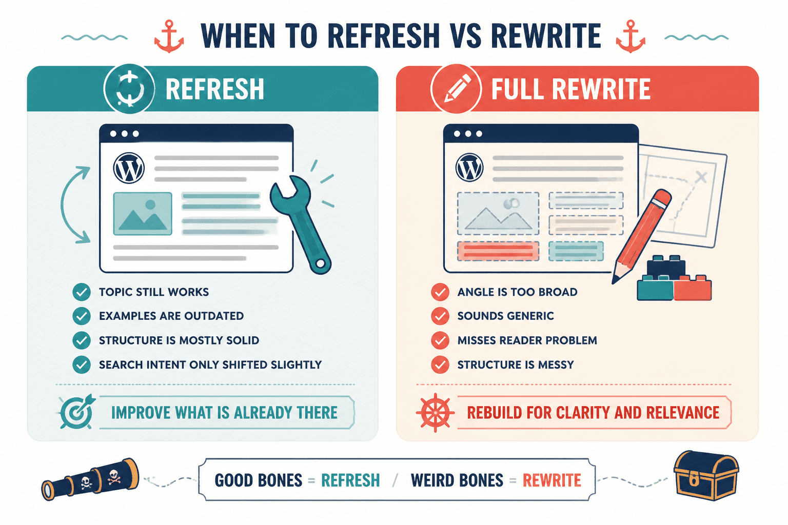 Side-by-side comparison of blog refresh versus full rewrite