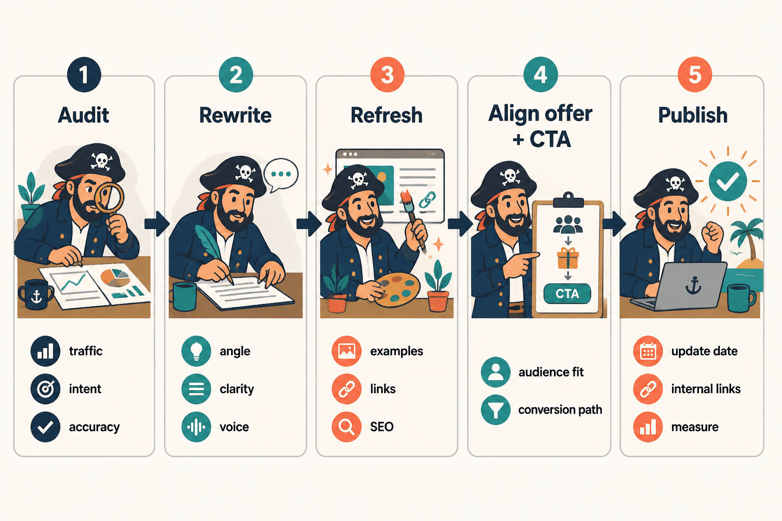 Five-step blog rewrite workflow from audit to publish