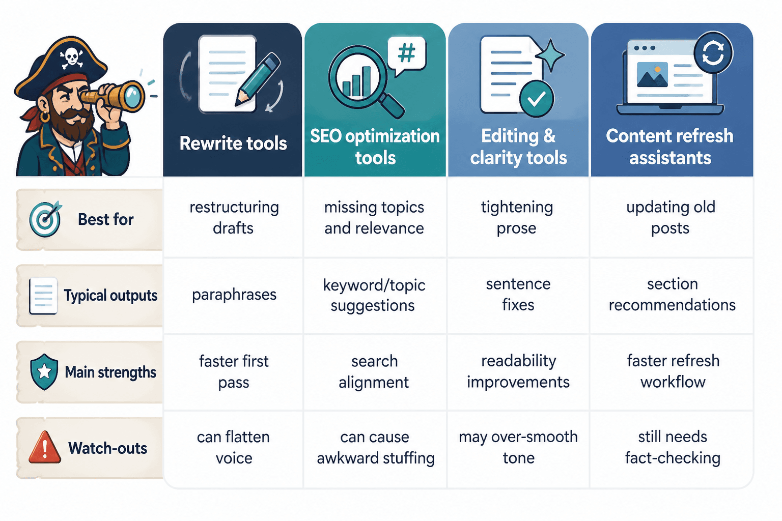 Comparison chart of AI rewrite tool categories and their best use cases