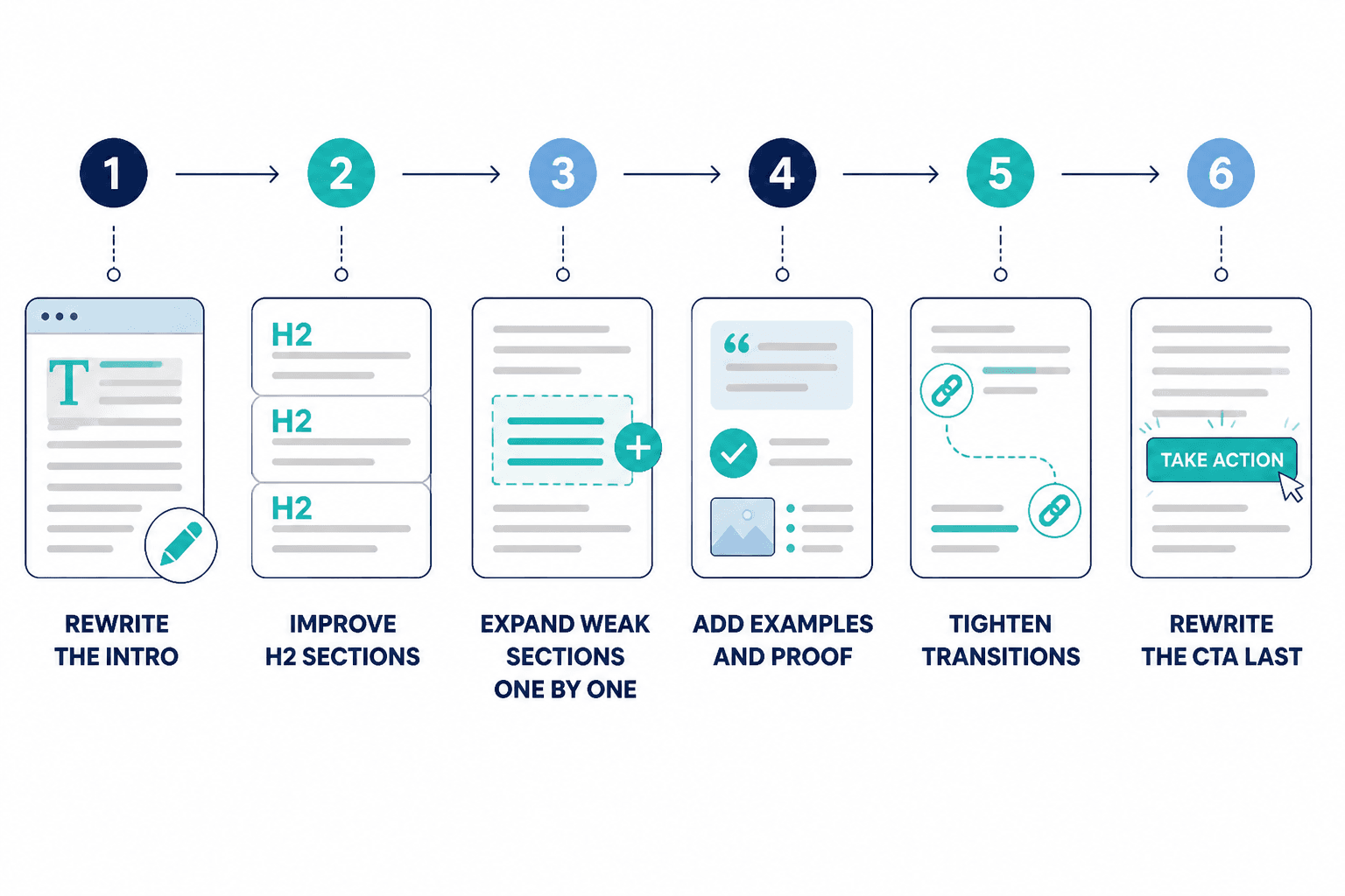 Six-step blog refresh workflow from intro rewrite to final CTA.