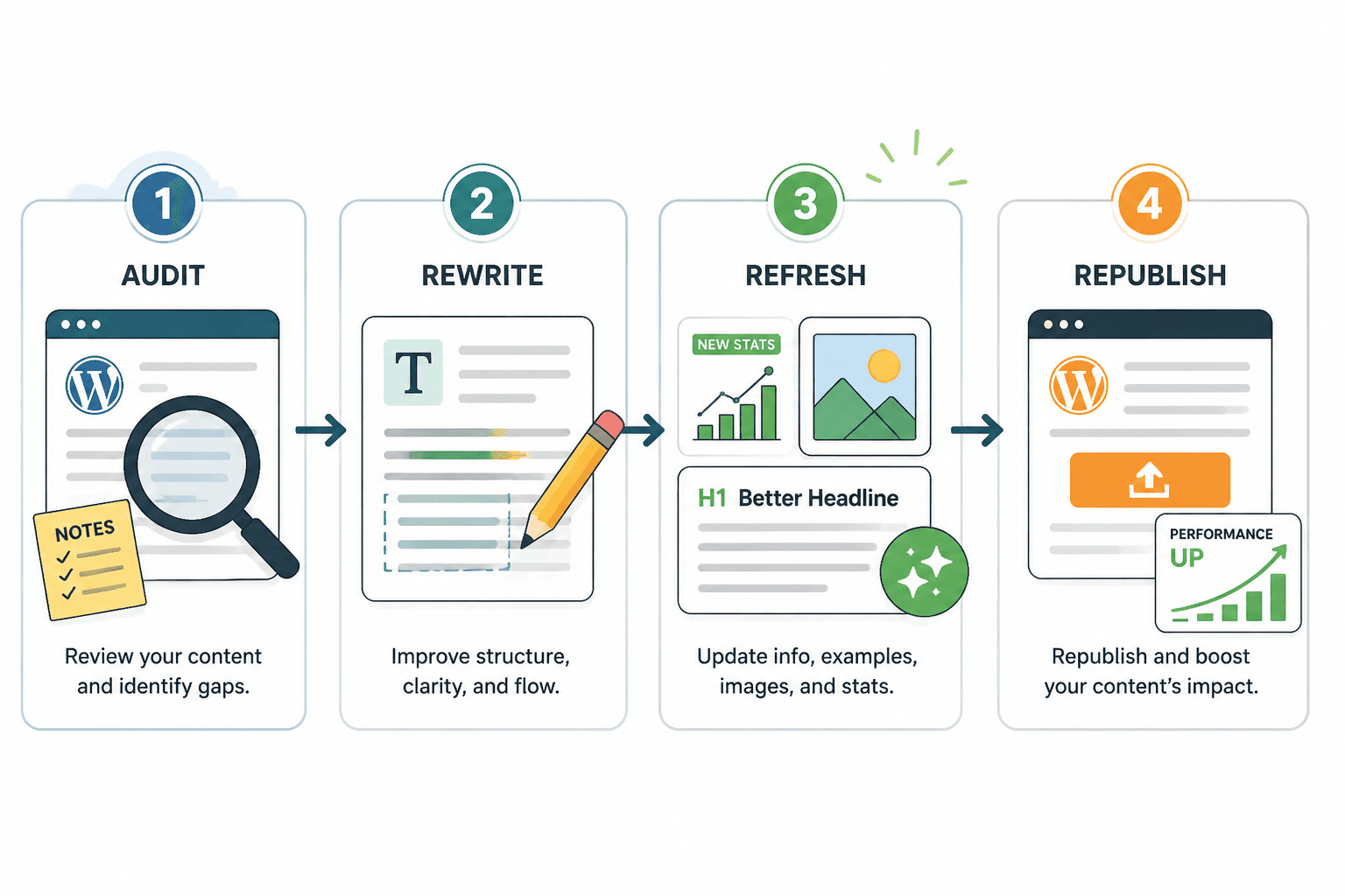 Four-step content refresh flow: audit, rewrite, refresh, republish.