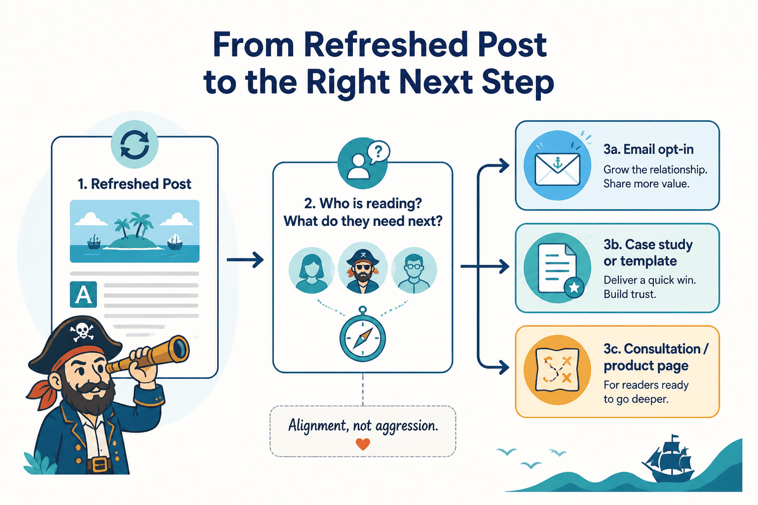 Flow from refreshed post to the next best CTA based on reader intent