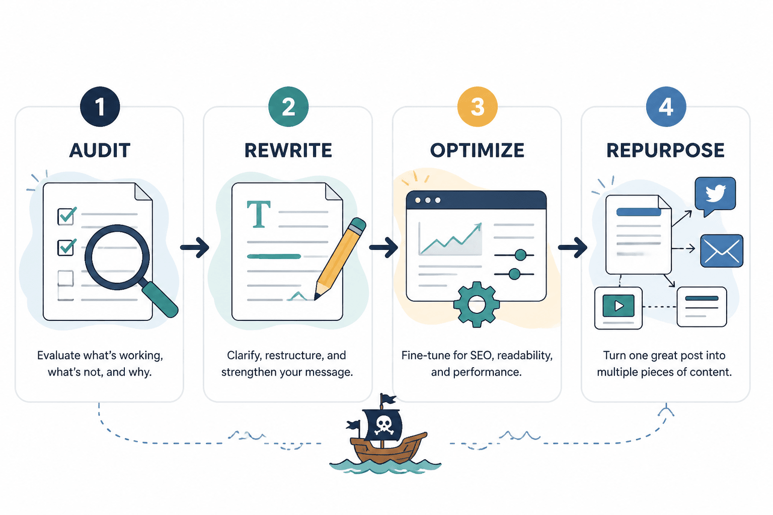 Four-step blog refresh workflow: audit, rewrite, optimize, repurpose