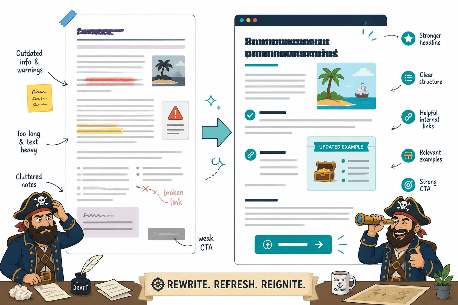 Side-by-side comparison of a cluttered draft and a cleaner refreshed article.