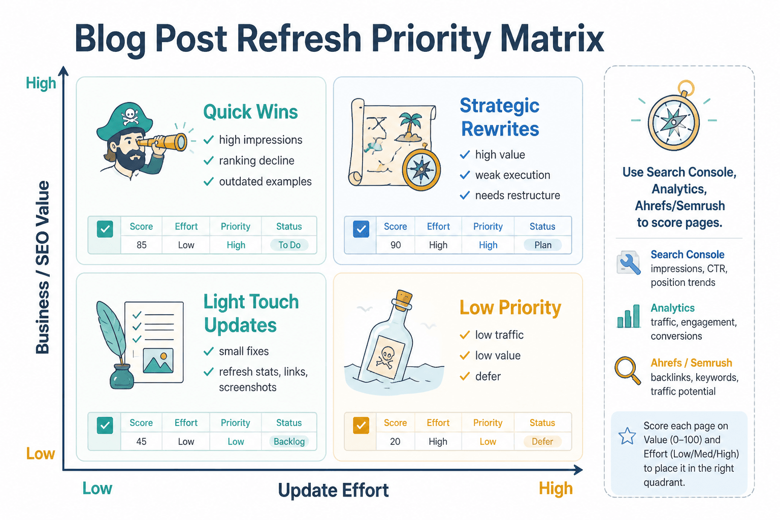 2x2 matrix showing which blog posts to refresh first based on business value and update effort
