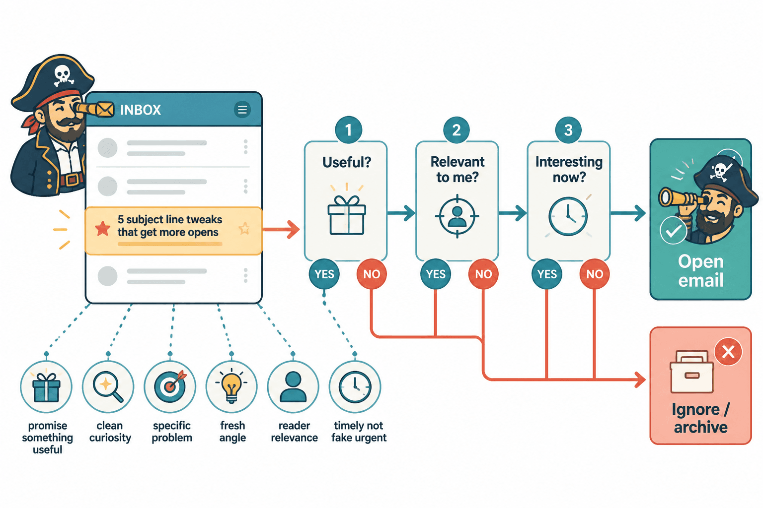 Inbox decision flow showing how a subject line leads to open or ignore