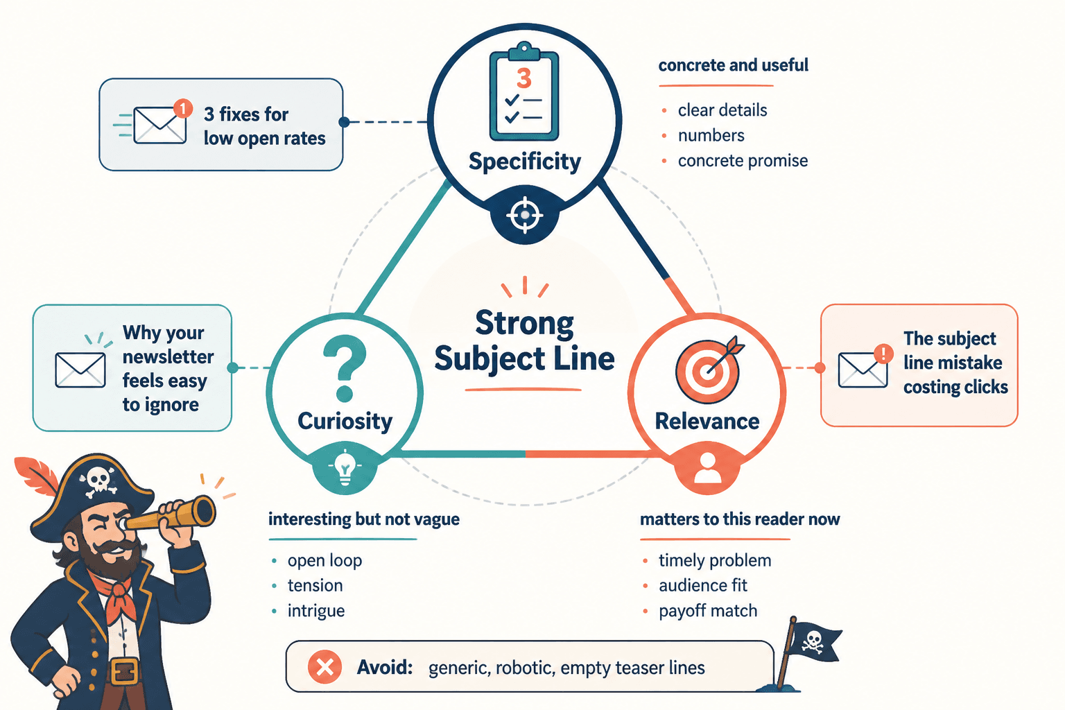 Diagram showing specificity, curiosity, and relevance balancing in a strong email subject line.
