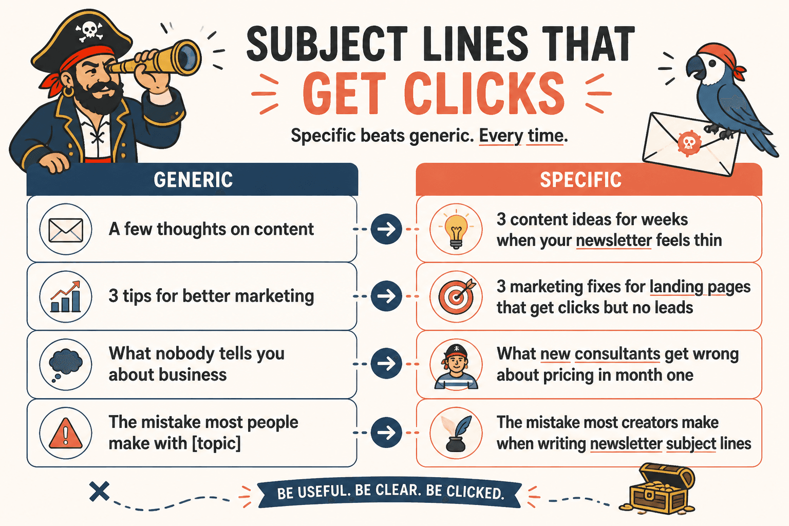 Bland newsletter subject lines rewritten into sharper, specific versions