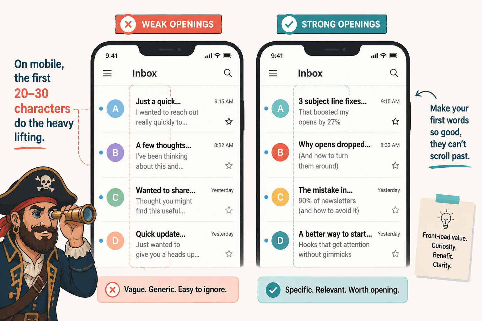Inbox mockup comparing weak and strong subject line openings