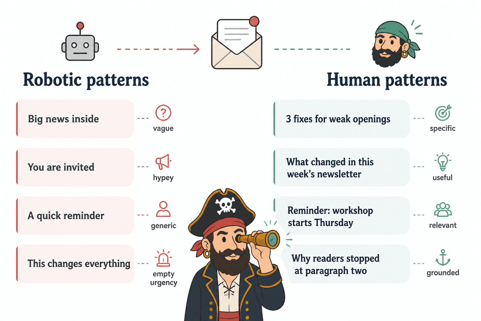 Side-by-side examples of robotic and human newsletter subject lines