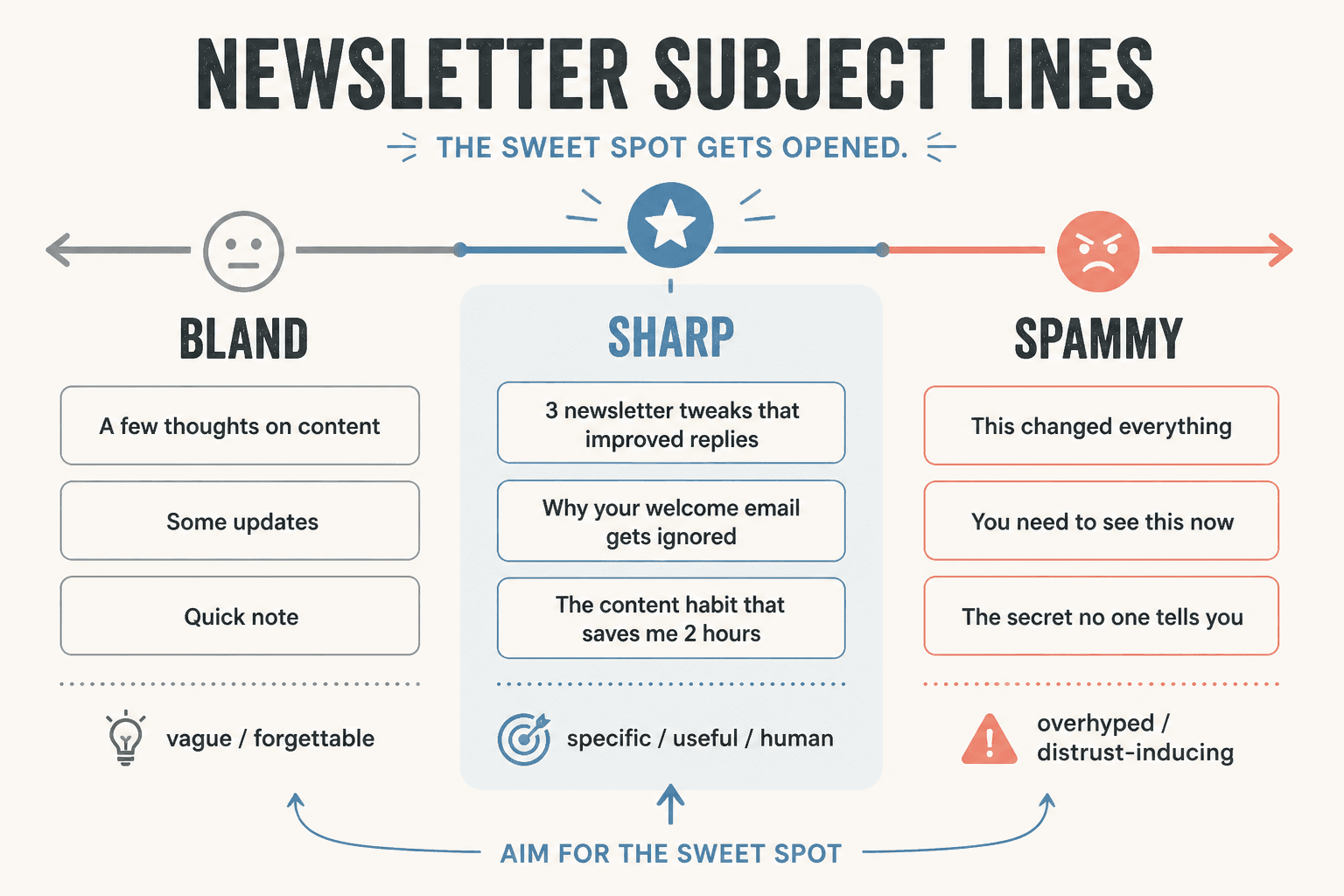 Spectrum showing bland, sharp, and spammy newsletter subject lines with examples.