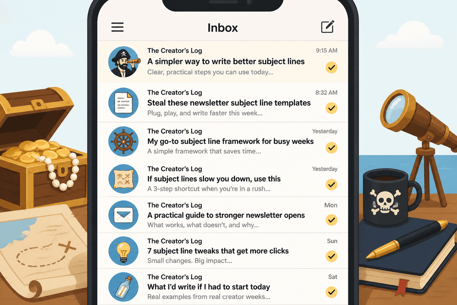 Mock inbox with stronger creator-style newsletter subject lines