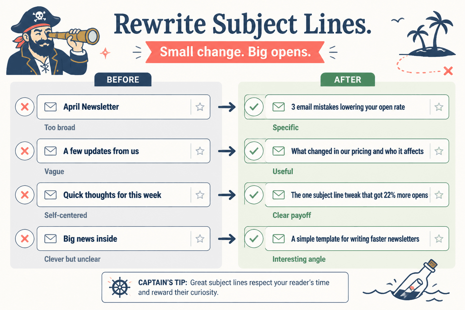 Side-by-side examples of weak and stronger newsletter subject lines
