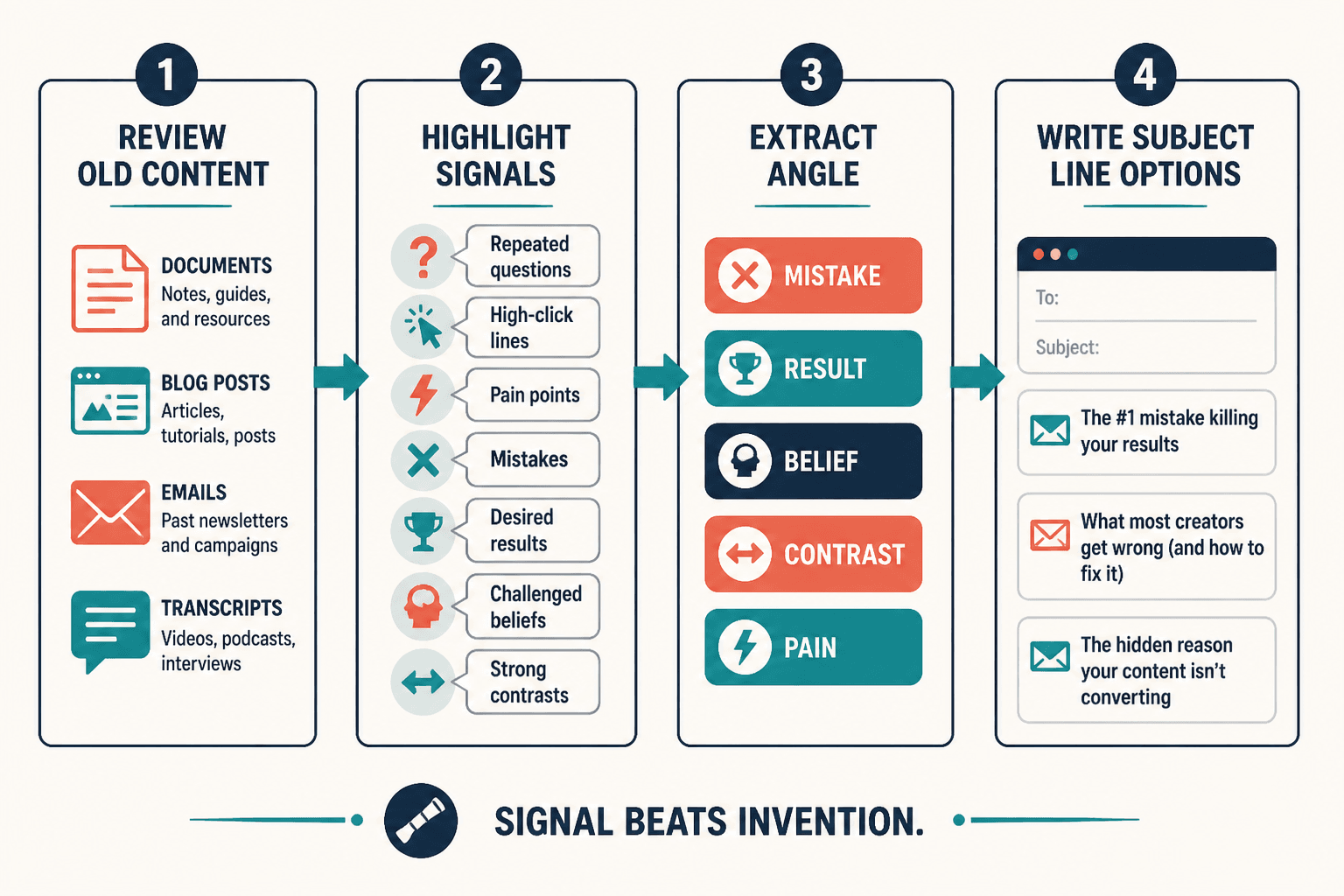 Workflow showing how old content becomes subject line ideas
