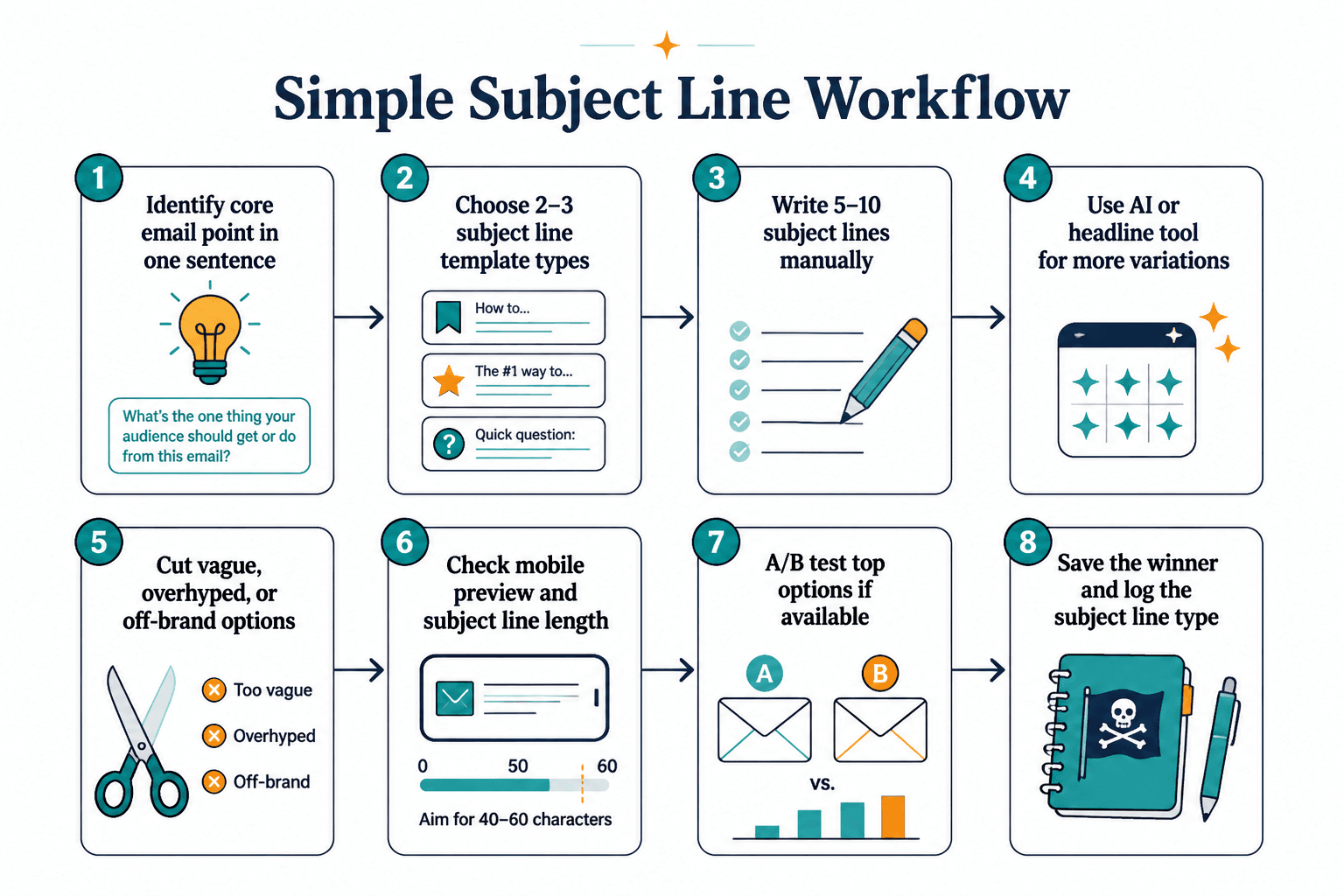Eight-step subject line workflow from email angle to testing and logging