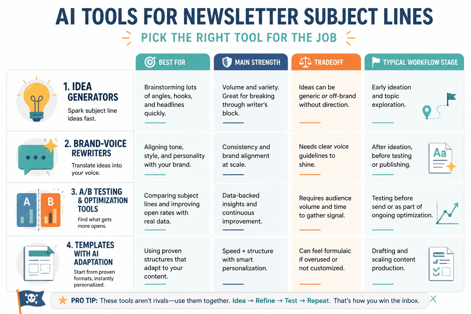 Comparison chart of AI tool types for newsletter subject line workflows
