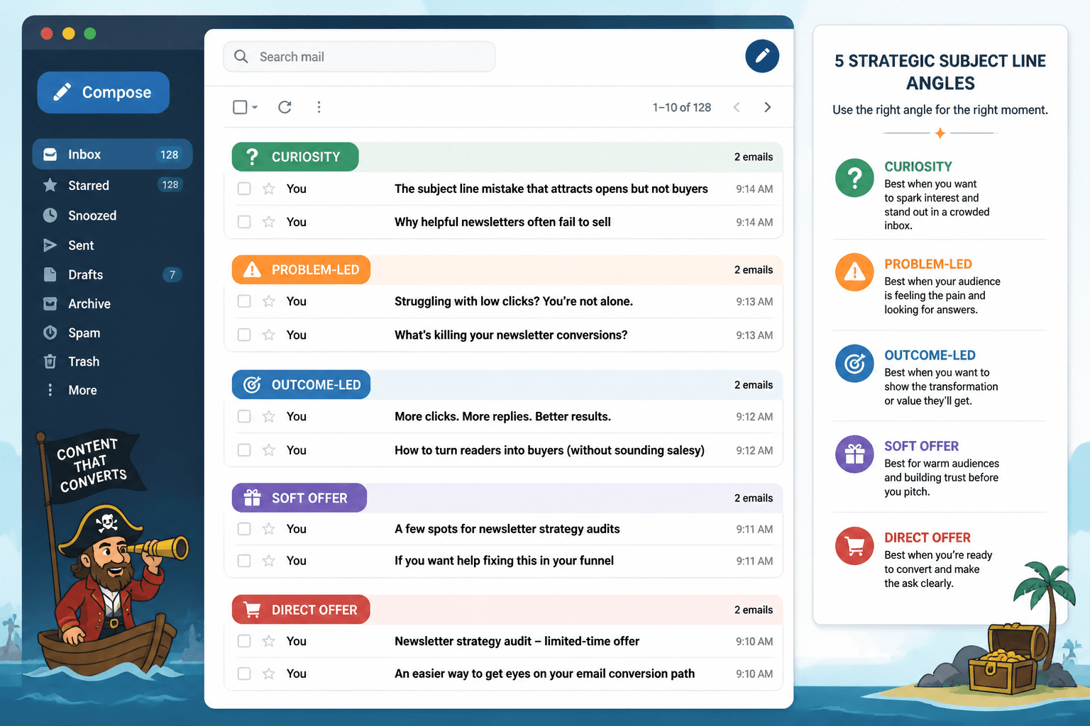 Mock inbox with subject lines grouped by strategy style