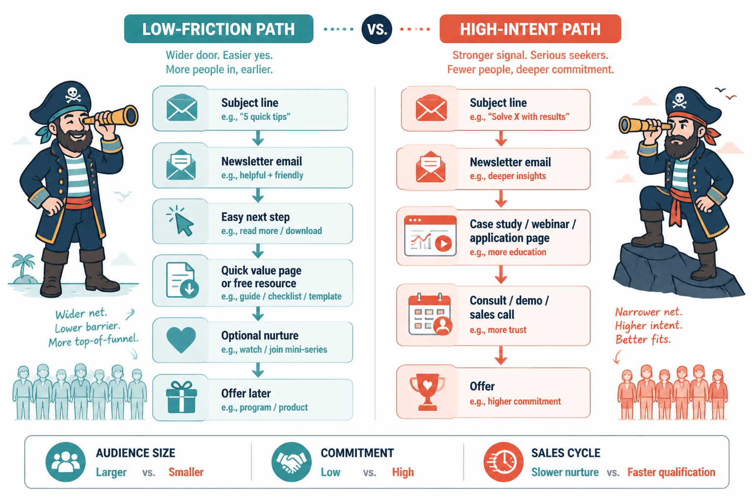 Comparison of low-friction and high-intent newsletter funnel paths