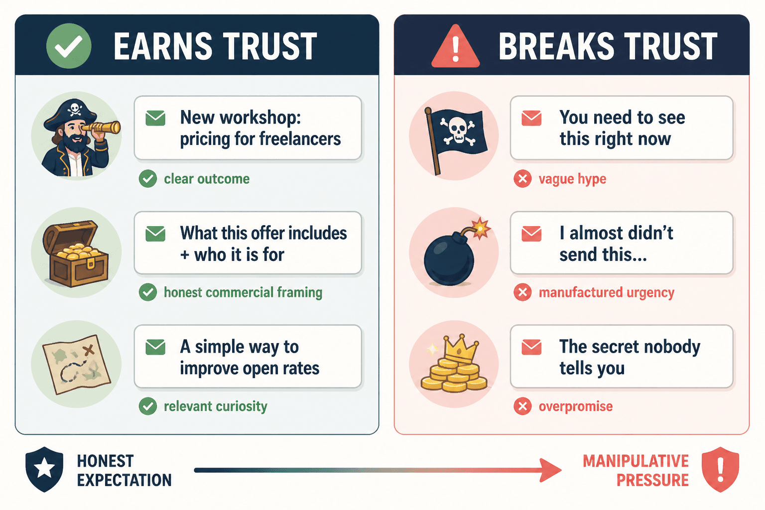 Side-by-side comparison of trustworthy and clickbait newsletter subject lines.